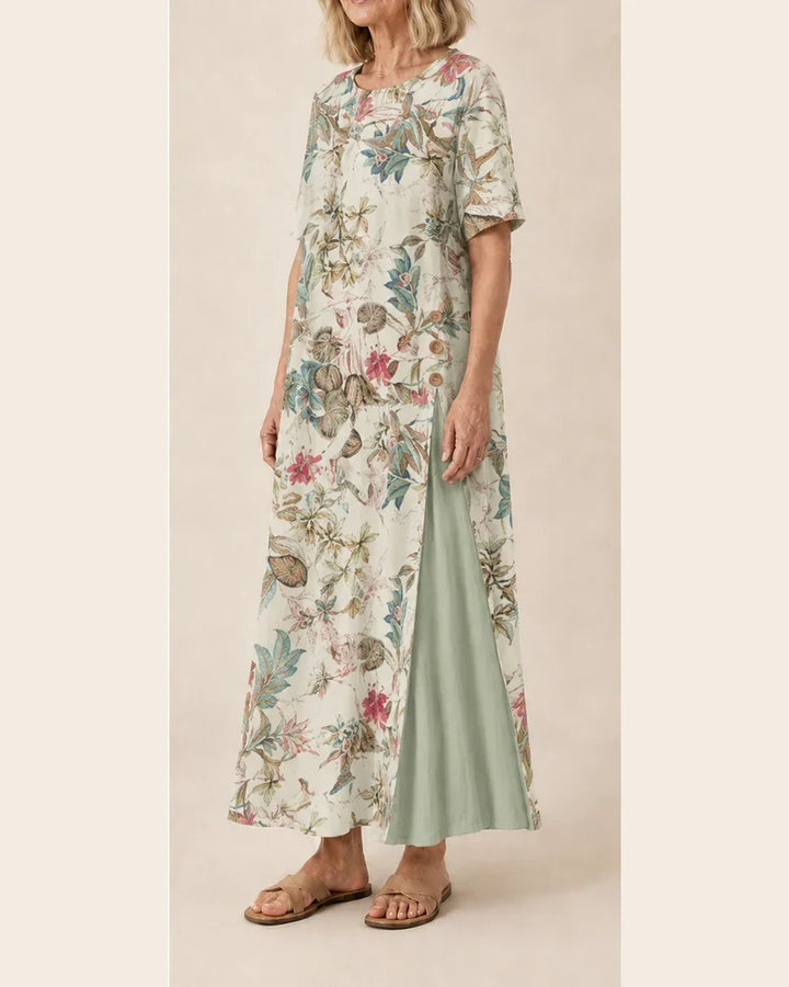 Maurene – Pastel Floral Print | Casual Long Linen Effect Dress