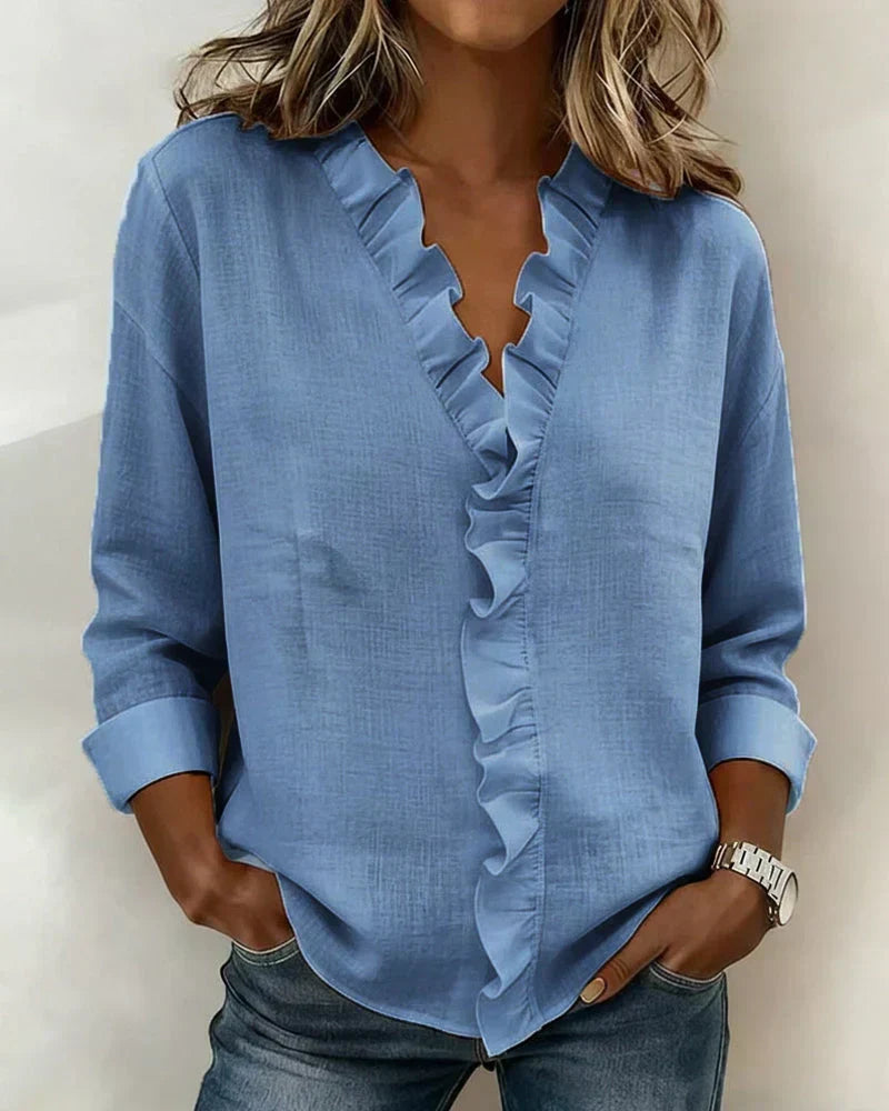 Sadie | Blouse with Ruffles, V-Neck and Long Sleeves