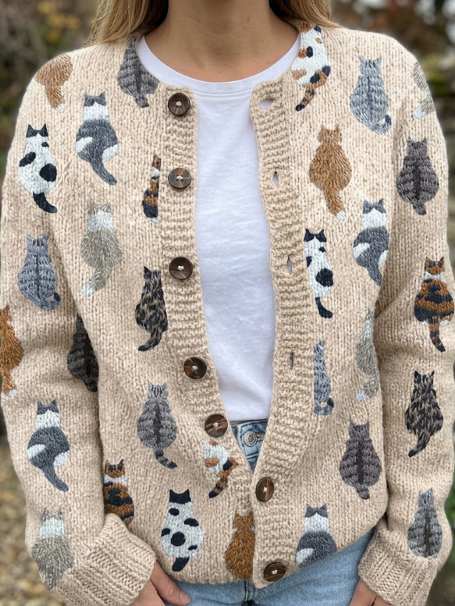 Charlotte | Soft Knit Button Cardigan with Cat Print