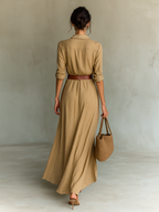 Maxi Dress with Notched Collar and Long Sleeves
