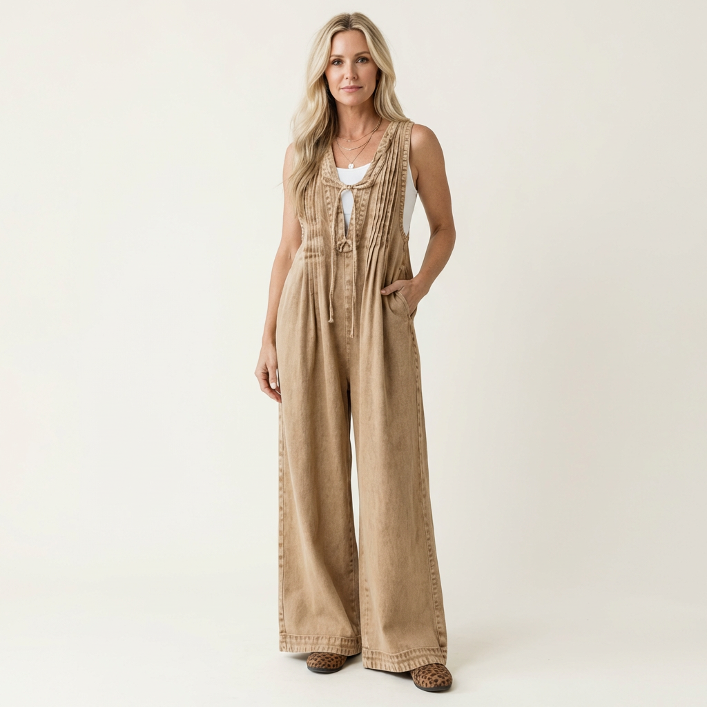 Griselda | Wide-Leg Pleated Denim Jumpsuit