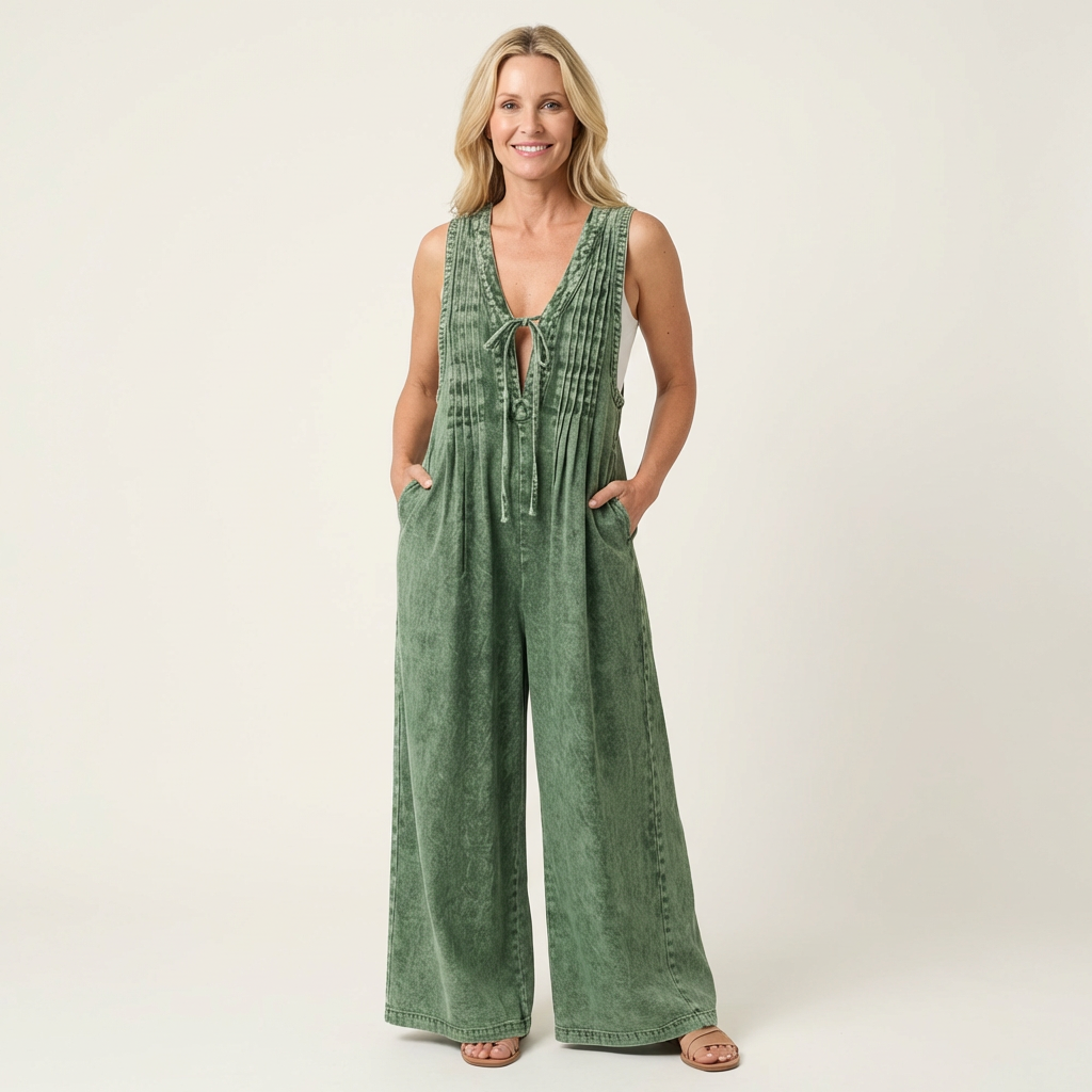 Griselda | Wide-Leg Pleated Denim Jumpsuit