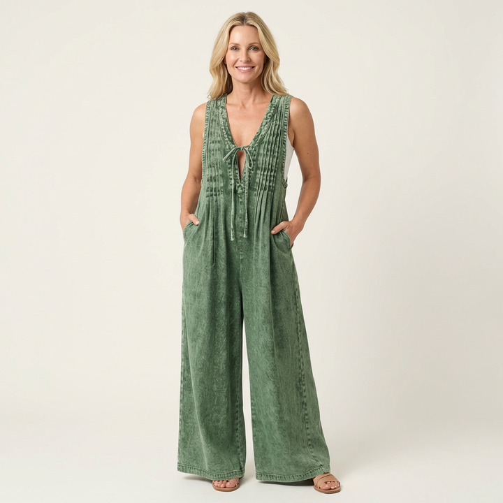 Griselda | Wide-Leg Pleated Denim Jumpsuit
