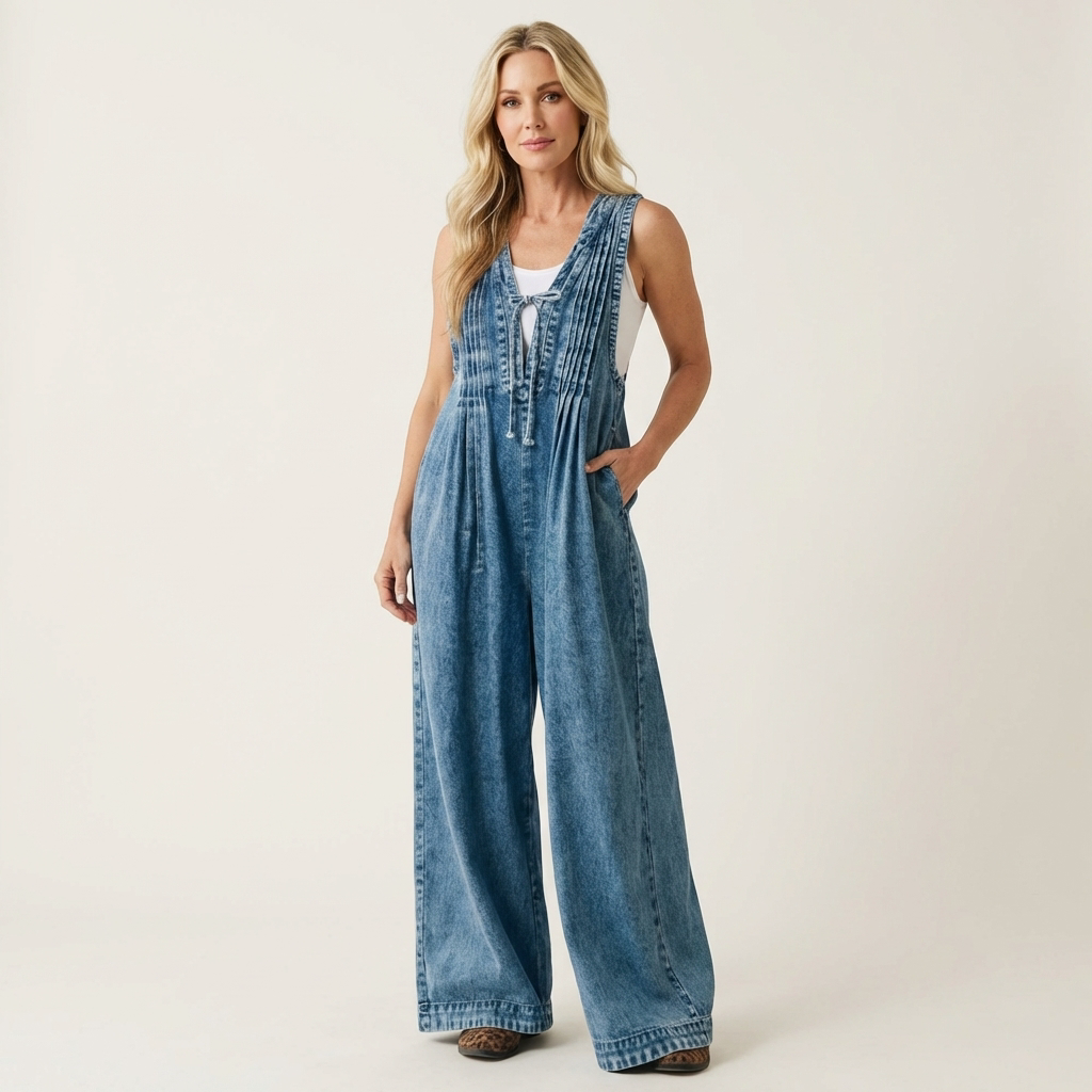 Griselda | Wide-Leg Pleated Denim Jumpsuit