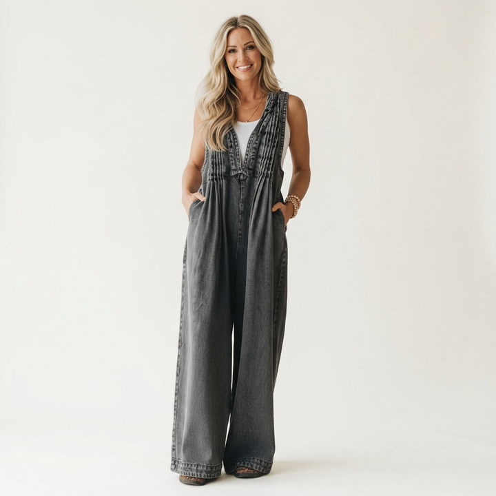 Griselda | Wide-Leg Pleated Denim Jumpsuit