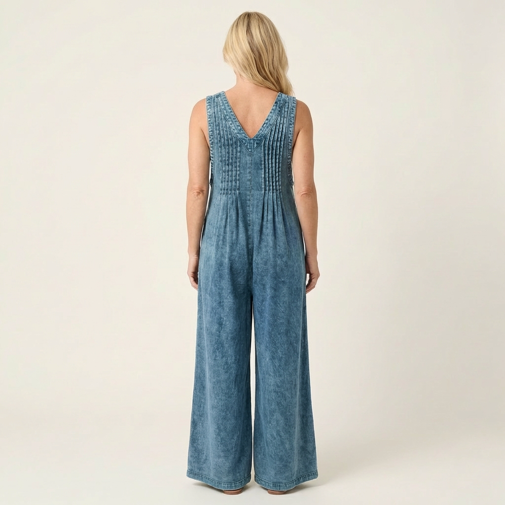 Griselda | Wide-Leg Pleated Denim Jumpsuit