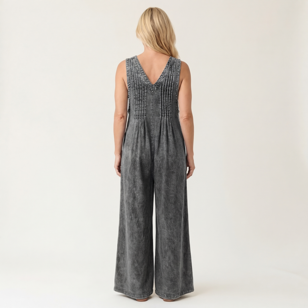 Griselda | Wide-Leg Pleated Denim Jumpsuit