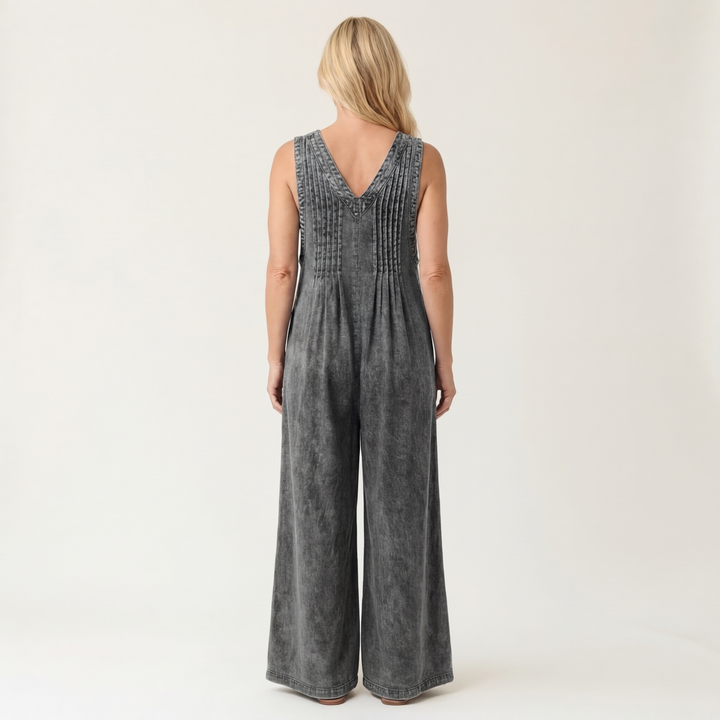 Griselda | Wide-Leg Pleated Denim Jumpsuit