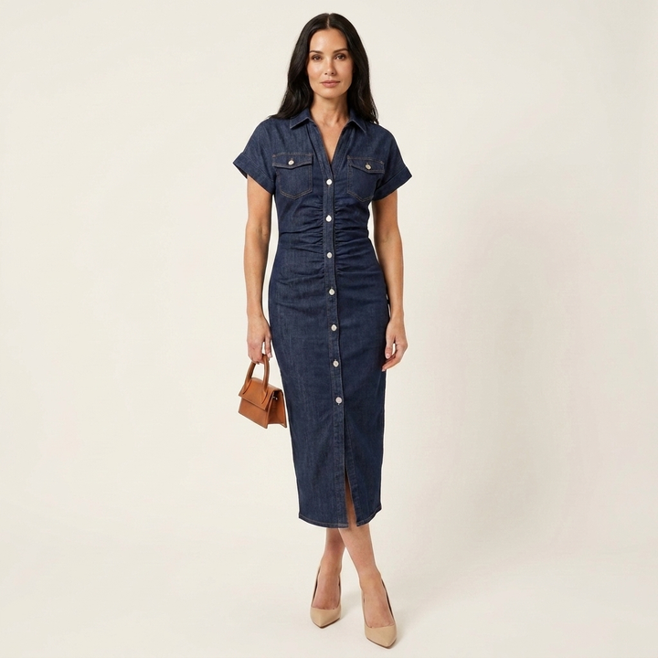 Maya | Midi Bodycon Denim Dress with Front Buttoning