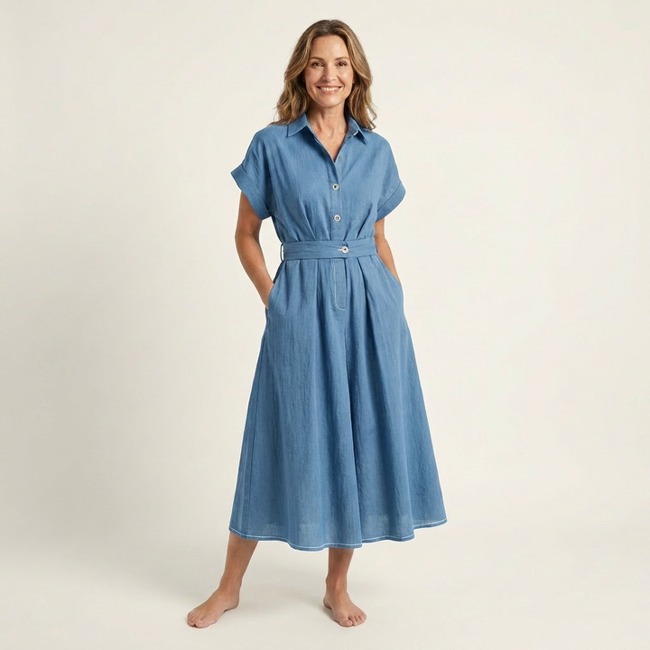 Melody | Midi Denim Button Dress with Belt