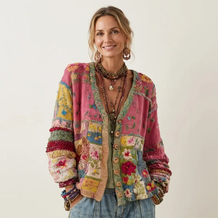Marvelia | Patchwork Knit Cardigan with Floral Embroidery