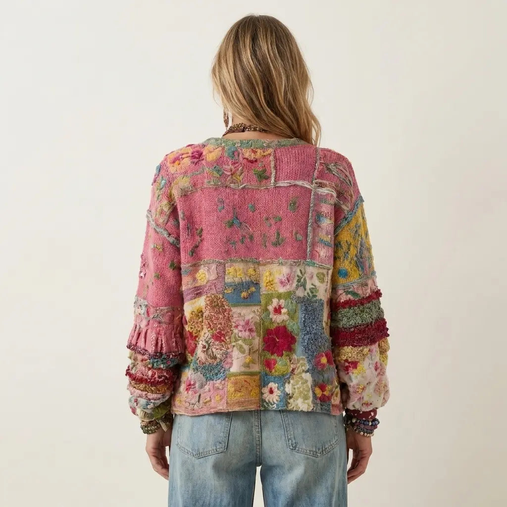 Marvelia | Patchwork Knit Cardigan with Floral Embroidery