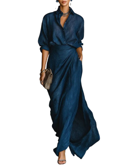 Cielo | Deep Blue Shirt & Draped Maxi Skirt Set