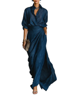 Cielo | Deep Blue Shirt & Draped Maxi Skirt Set