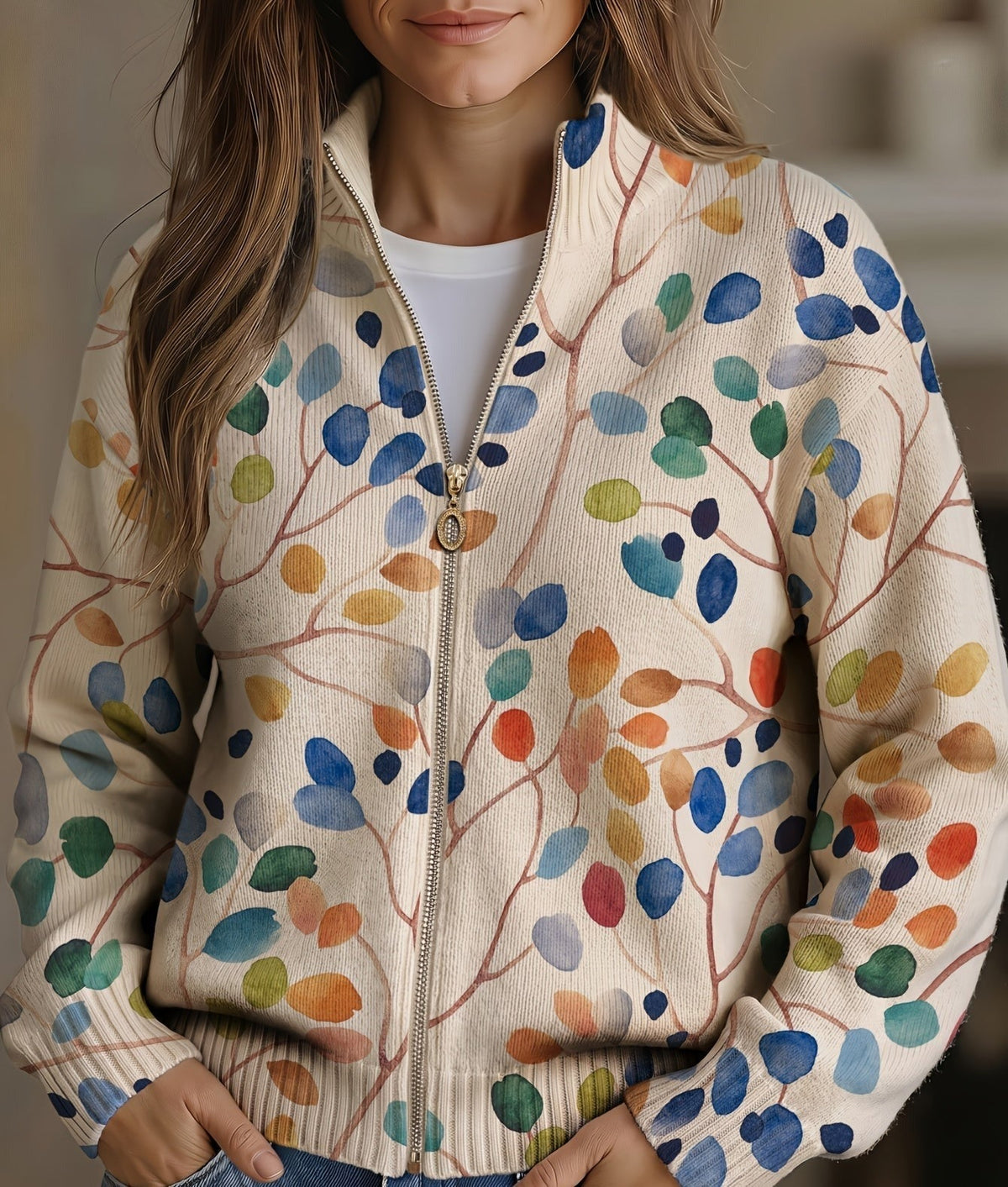 Fiona | Botanical Leaf Print Zip-Up Cardigan