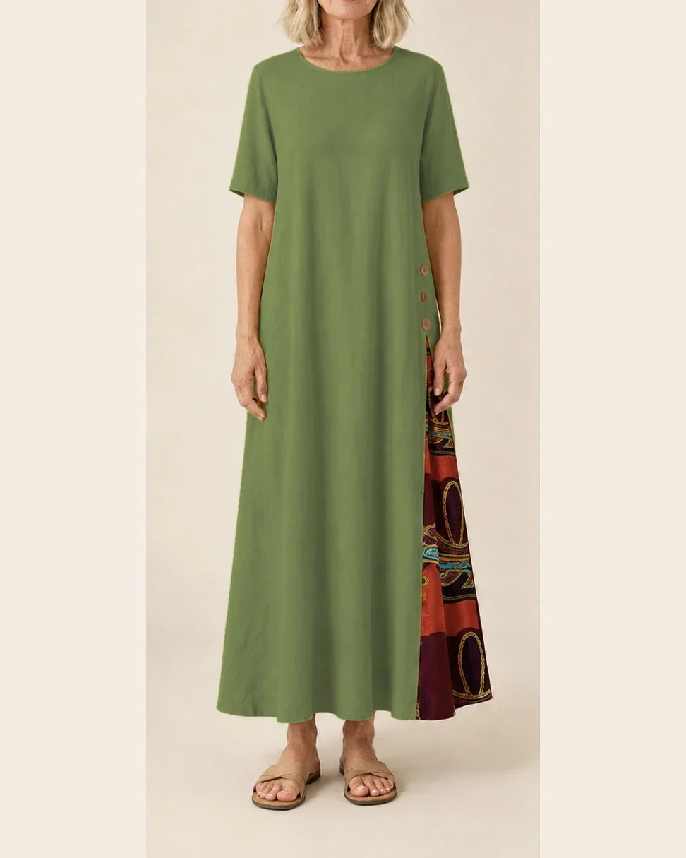 Maurene – Olive Green | Casual Long Dress with Linen Effect