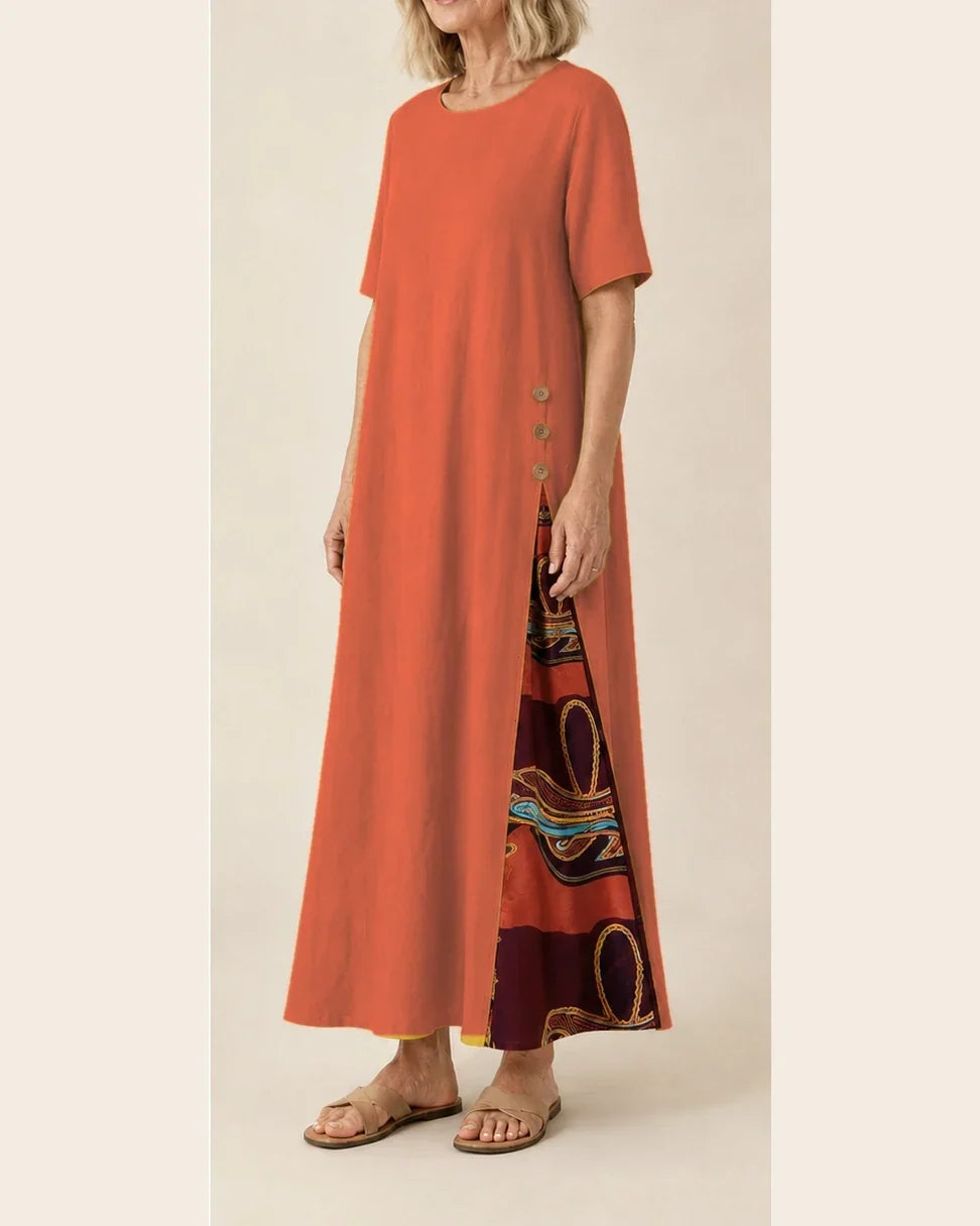 Maurene – Orange | Long Casual Dress with Linen Effect