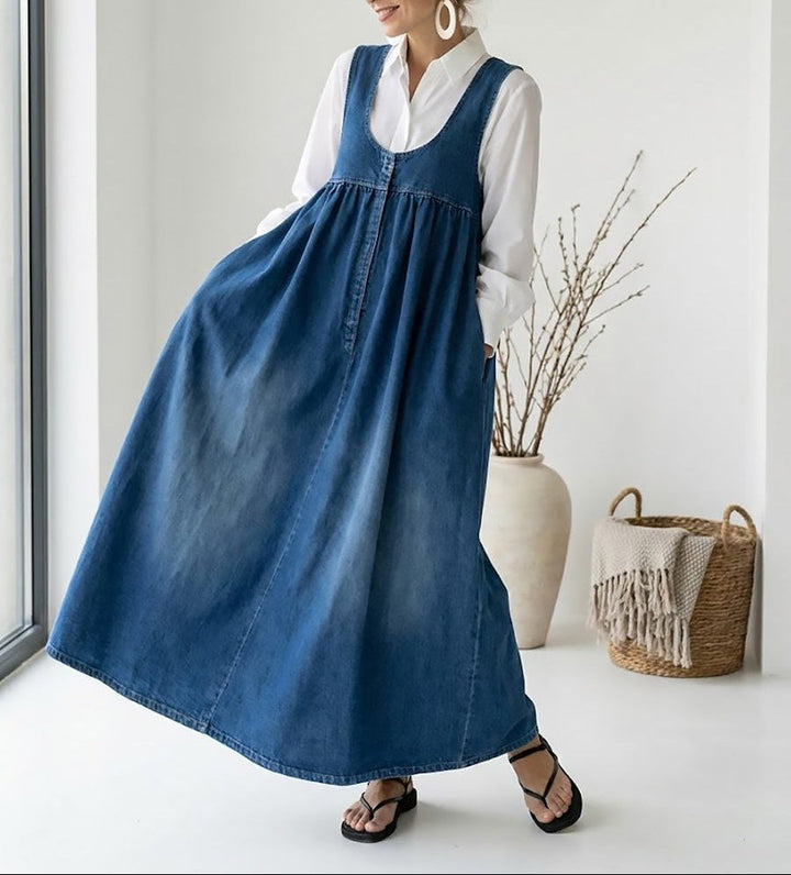 Karen | Vintage Washed Denim Long Dress with a Touch of Soft Cotton