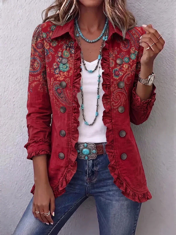 Sophia | Deep Red Paisley Ruffle Jacket