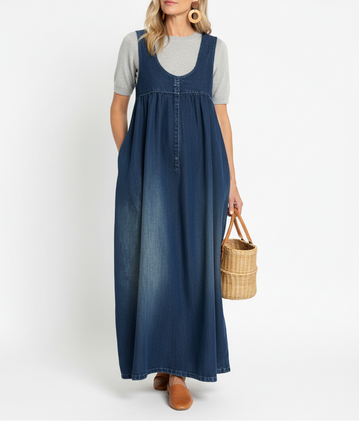 Karen | Vintage Washed Denim Long Dress with a Touch of Soft Cotton
