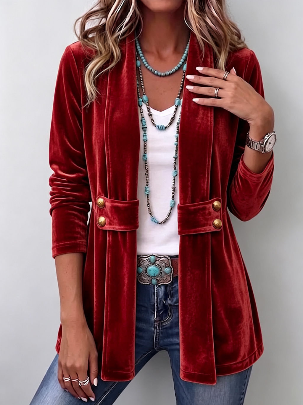 Avery | Rust Velvet Open-Front Jacket