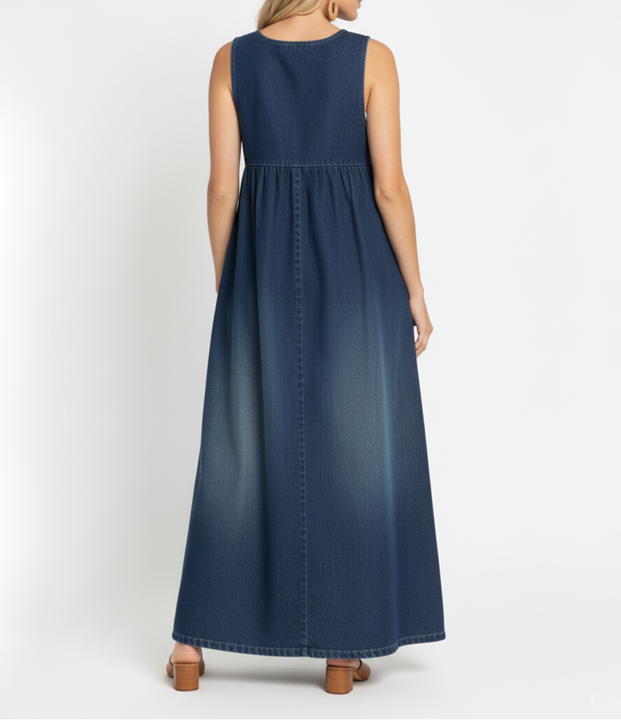 Karen | Vintage Washed Denim Long Dress with a Touch of Soft Cotton