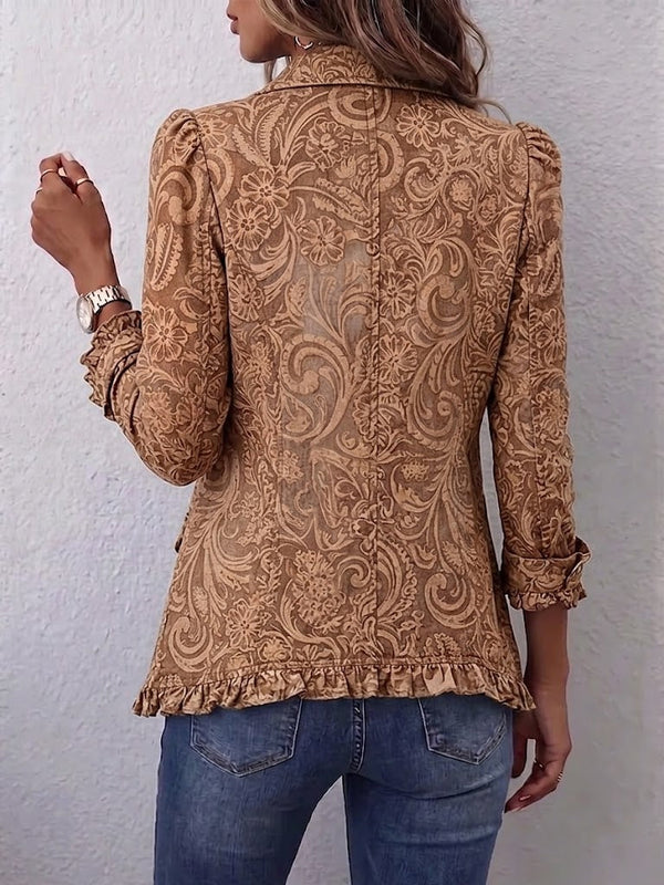 Madison | Caramel Tooled-Print Ruffle Jacket