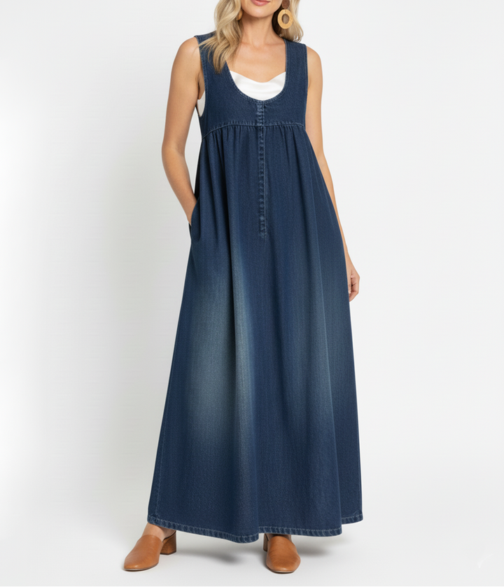 Karen | Vintage Washed Denim Long Dress with a Touch of Soft Cotton