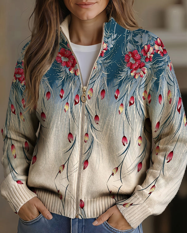Gabrielle | Peacock Feather Print Zip-Up Cardigan